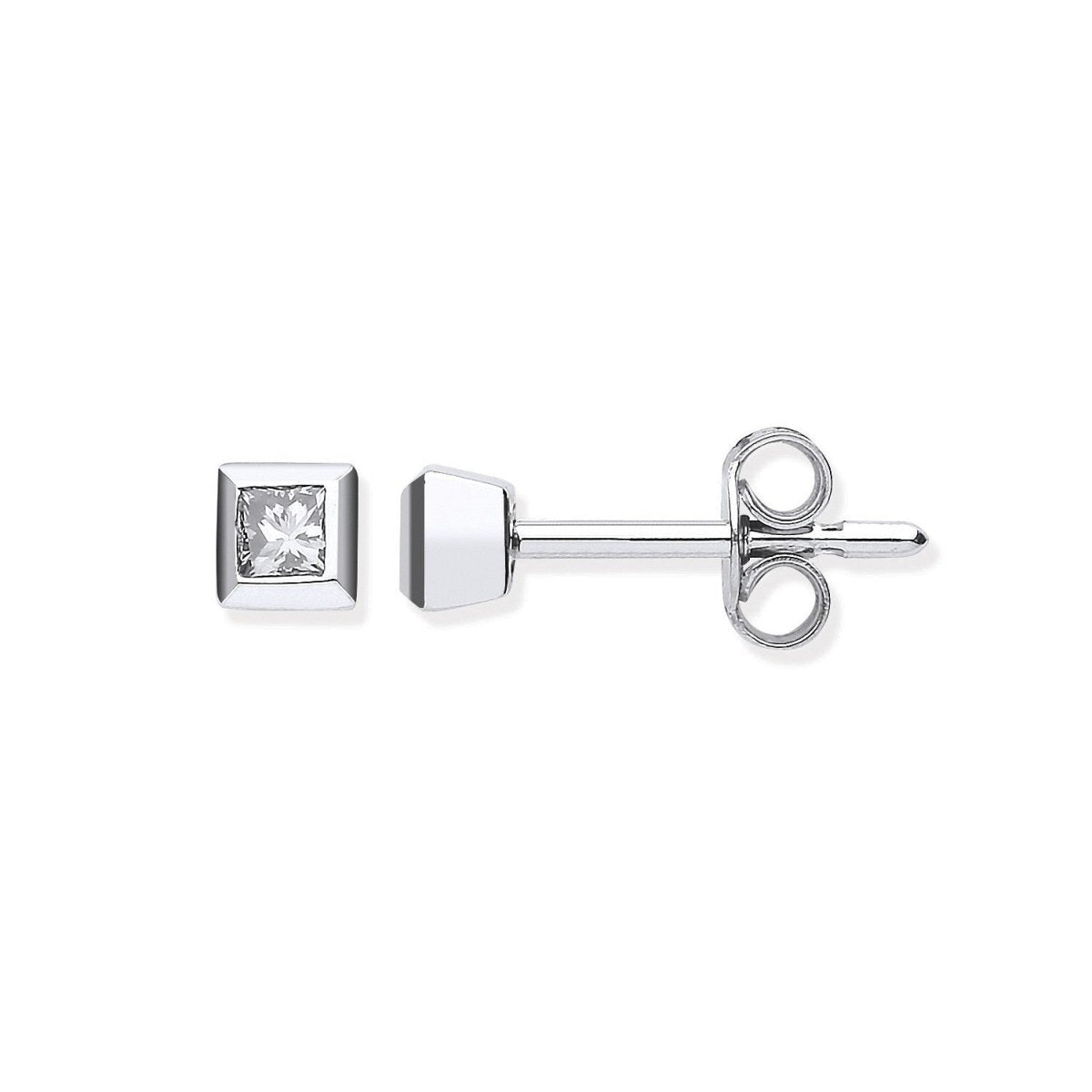 18ct White Gold 0.20ct Rubover Set Princess Cut Diamond Stud Earrings - Samuel Perry