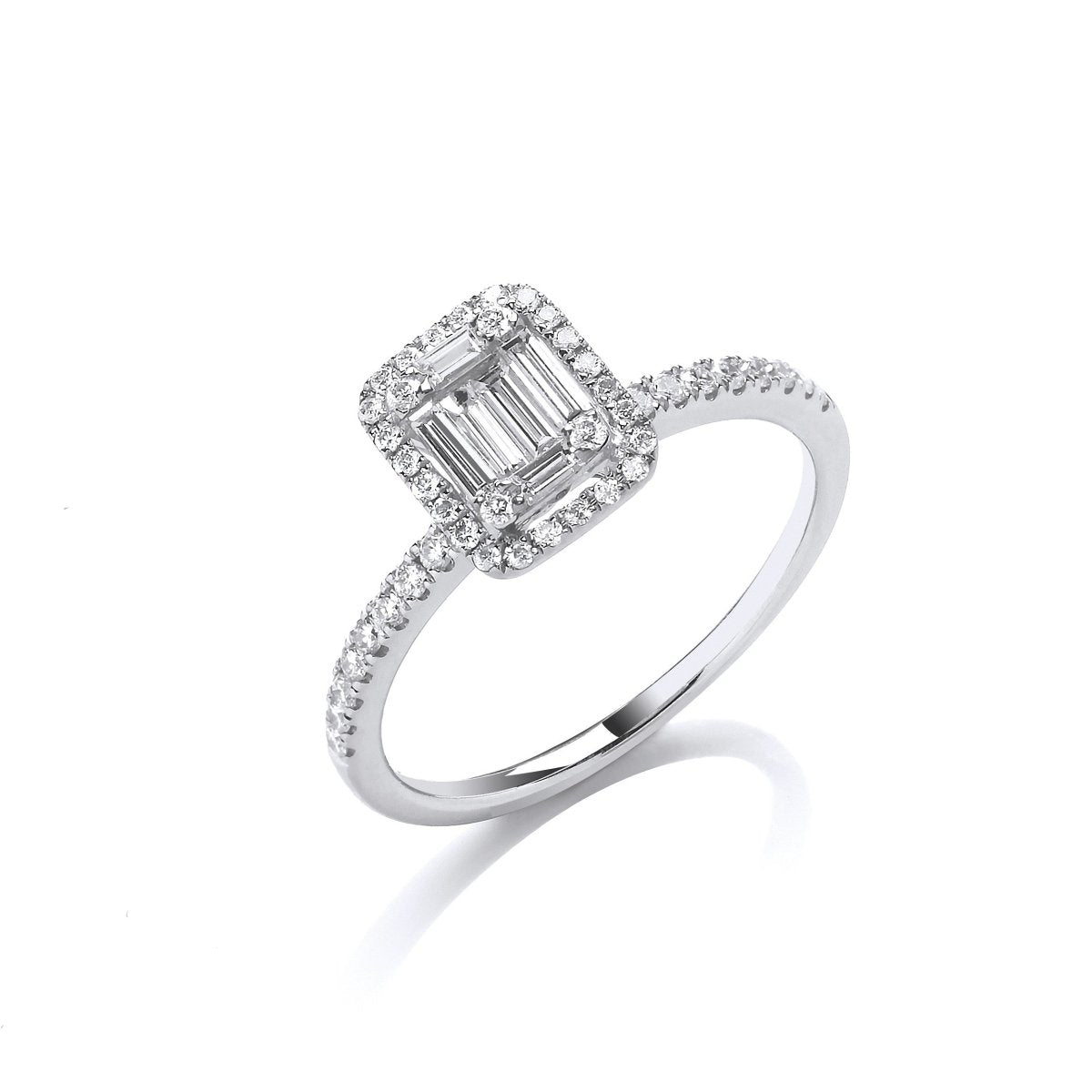 18ct White Gold 0.50ct Diamond Baguette Cut Halo Ring - Samuel Perry