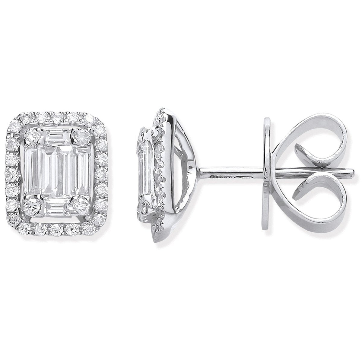 18ct White Gold 0.65ct Baguette & Brilliant Cut Diamond Rectangle Halo Earrings - Samuel Perry