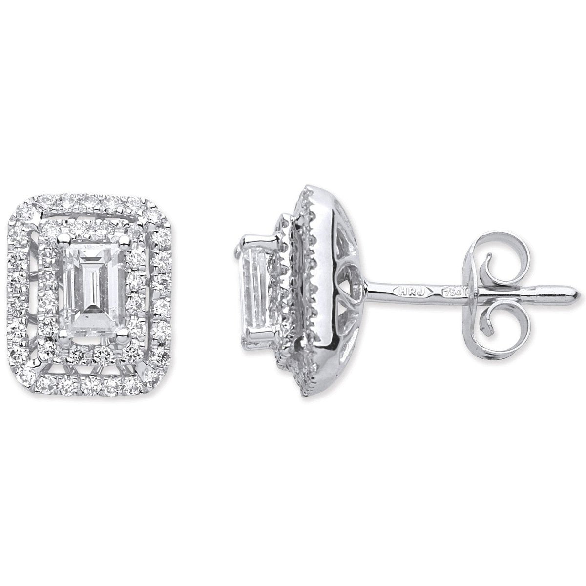 18ct White Gold 0.70ct Emerald Cut Rectangular Stud - Samuel Perry