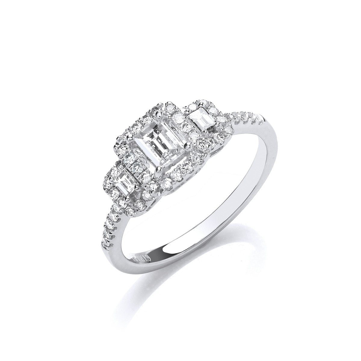 18ct White Gold 0.75ct Emerald Cut Diamond Halo Trilogy Ring - Samuel Perry