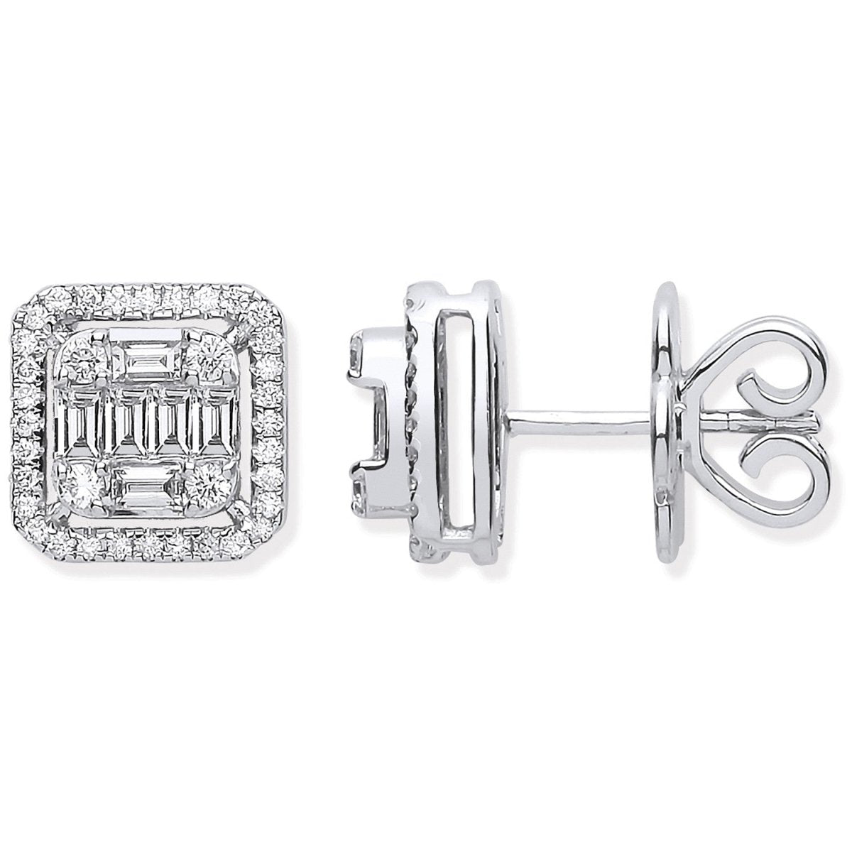 18ct White Gold 0.90ctw Round and Baguette Diamond Studs - Samuel Perry