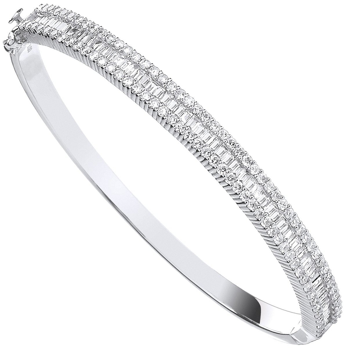 18ct White Gold 3.00ct Baguette & Brilliant Cut Diamond Half Eternity Bangle - Samuel Perry