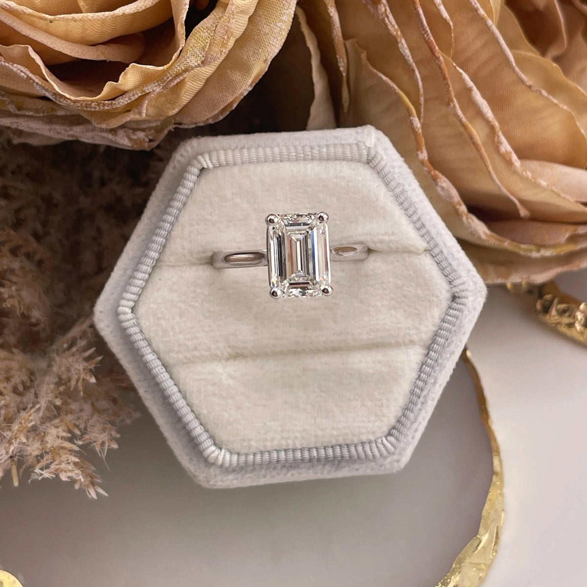 18ct White Gold 3.00ct Lab Grown Diamond Emerald Cut Engagement Ring - Samuel Perry