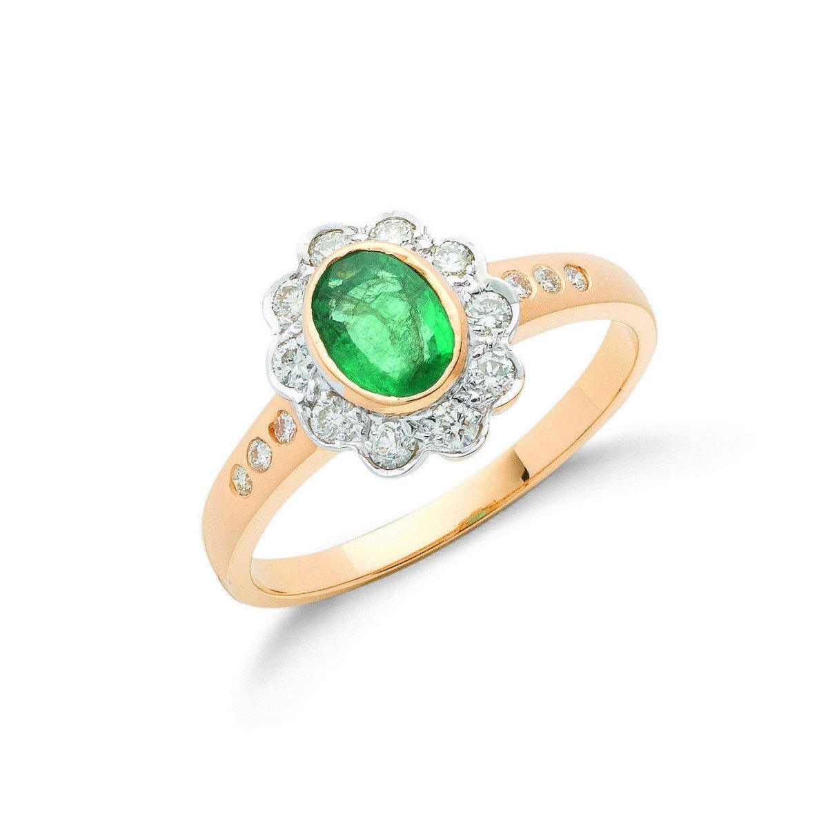18ct Yellow Gold 0.3ct Diamond & 0.75ct Emerald Cluster Ring - Samuel Perry