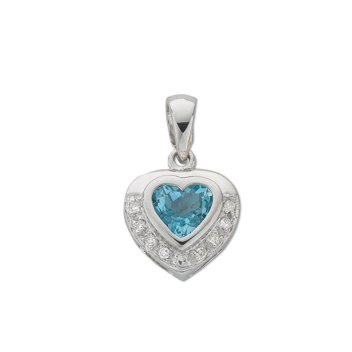 9ct White Gold 0.04ct Diamond & 1.00ct Blue Topaz Heart Pendant - Samuel Perry