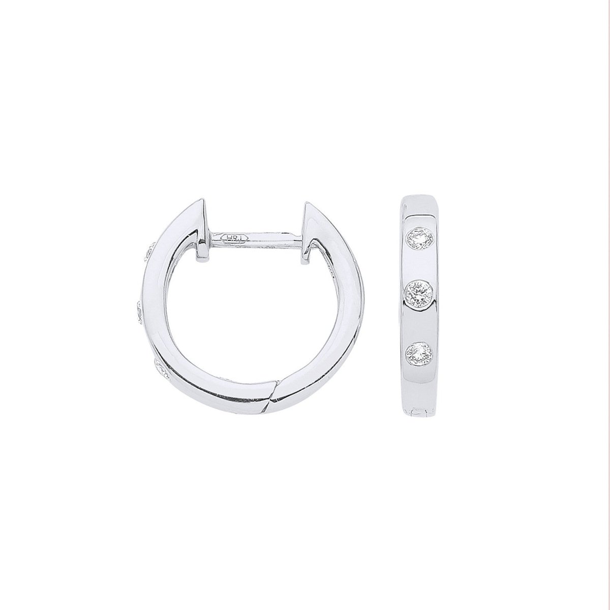 9ct White Gold 0.08ct Diamond Rubover Huggie Earrings - Samuel Perry