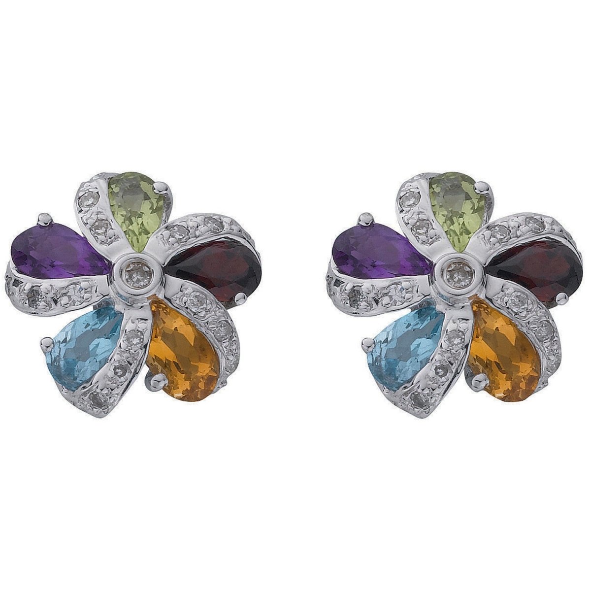9ct White Gold 0.12ct Diamond & Multi - Colour Gems Flower Earrings - Samuel Perry