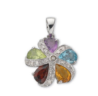 9ct White Gold 0.12ct Diamond & Multi - Gemstone Flower Pendant - Samuel Perry