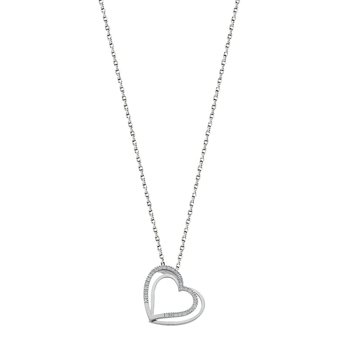 9ct White Gold 0.15ct Diamond Double Heart Necklace - Samuel Perry