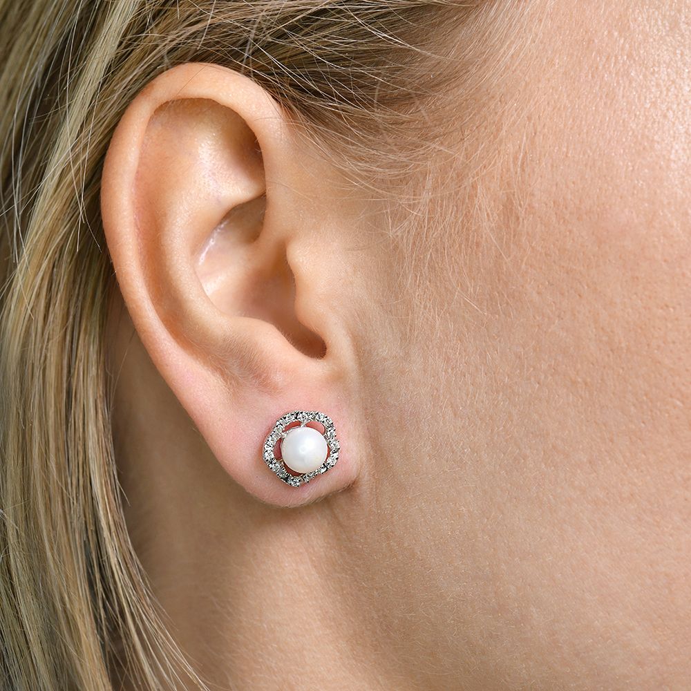 9ct White Gold 0.17ct Diamond & Pearl Stud Earrings - Samuel Perry