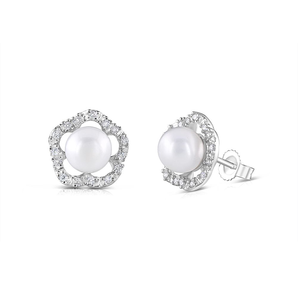 9ct White Gold 0.17ct Diamond & Pearl Stud Earrings - Samuel Perry