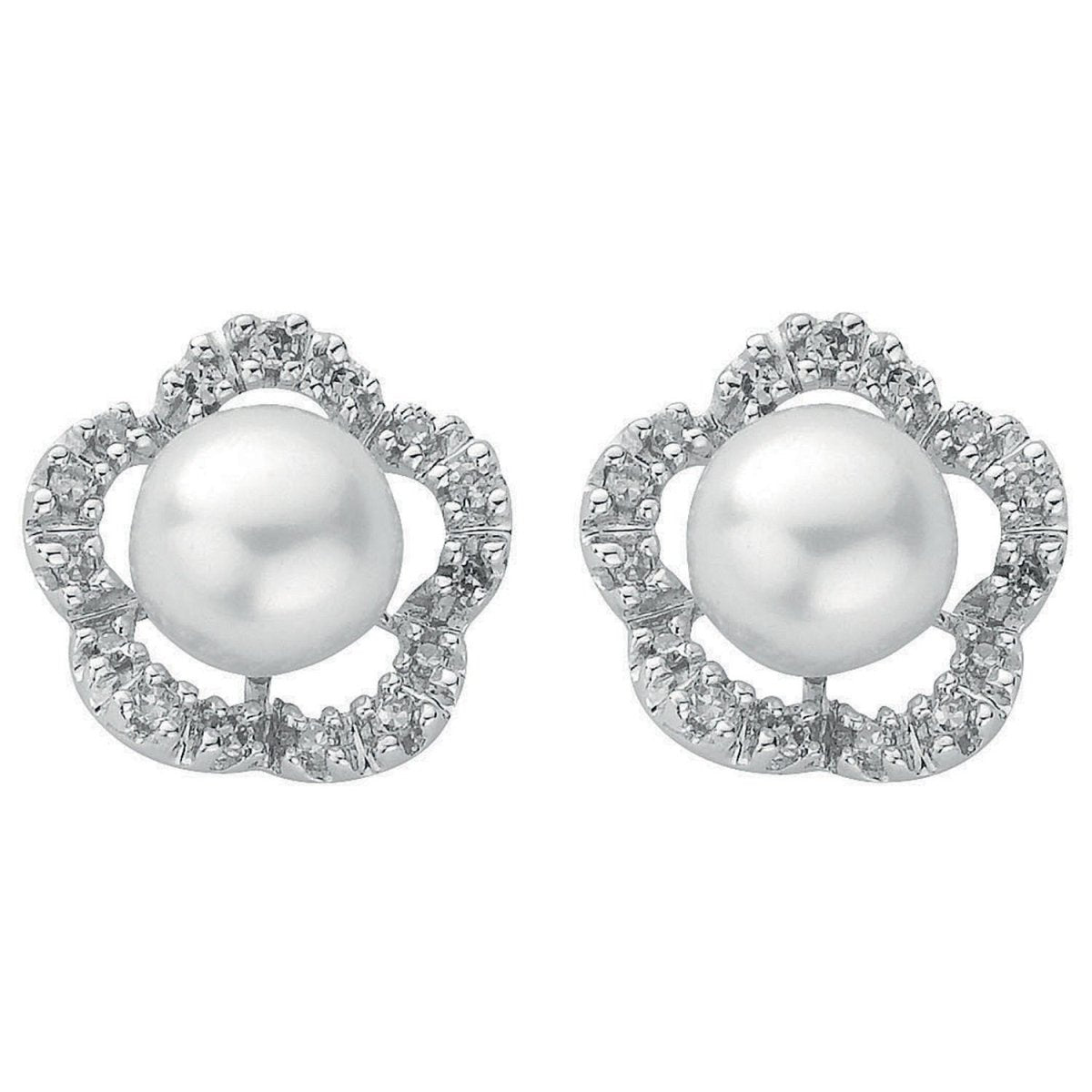 9ct White Gold 0.17ct Diamond & Pearl Stud Earrings - Samuel Perry