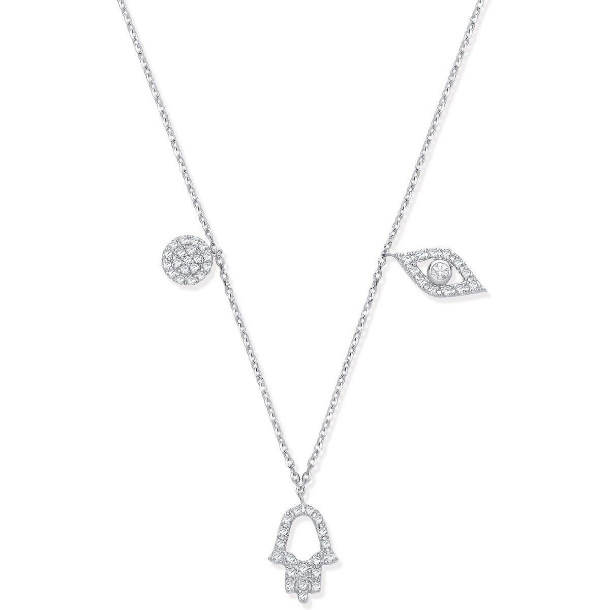 9ct White Gold 0.22ct Diamond Evil Eye, Hamsa and Circle Necklace - Samuel Perry