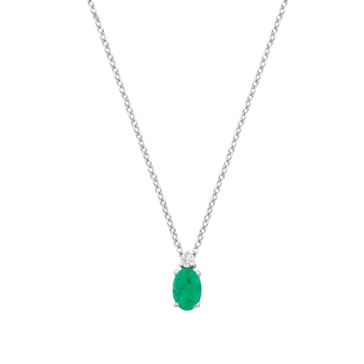 9ct White Gold 0.41ct Emerald and Diamond Oval Necklace - Samuel Perry