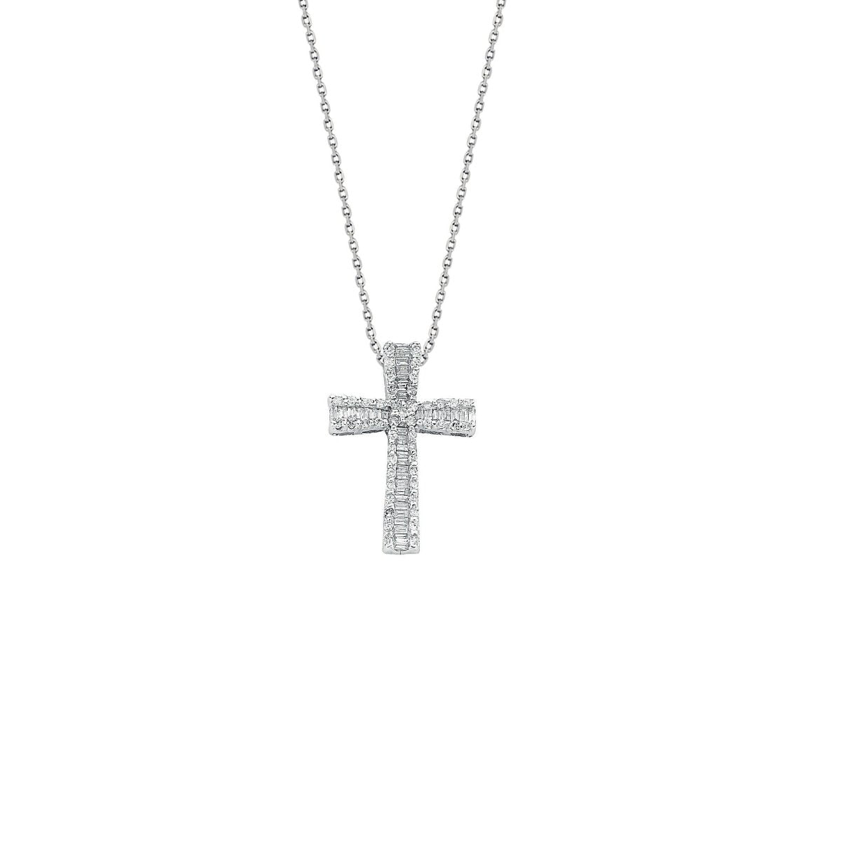 9ct White Gold 0.50ct Diamond Baguette Cross Necklace - Samuel Perry