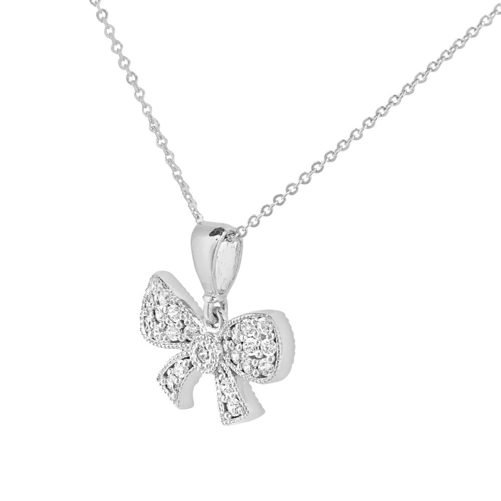 9ct White Gold Bow Pendant Necklace - Samuel Perry