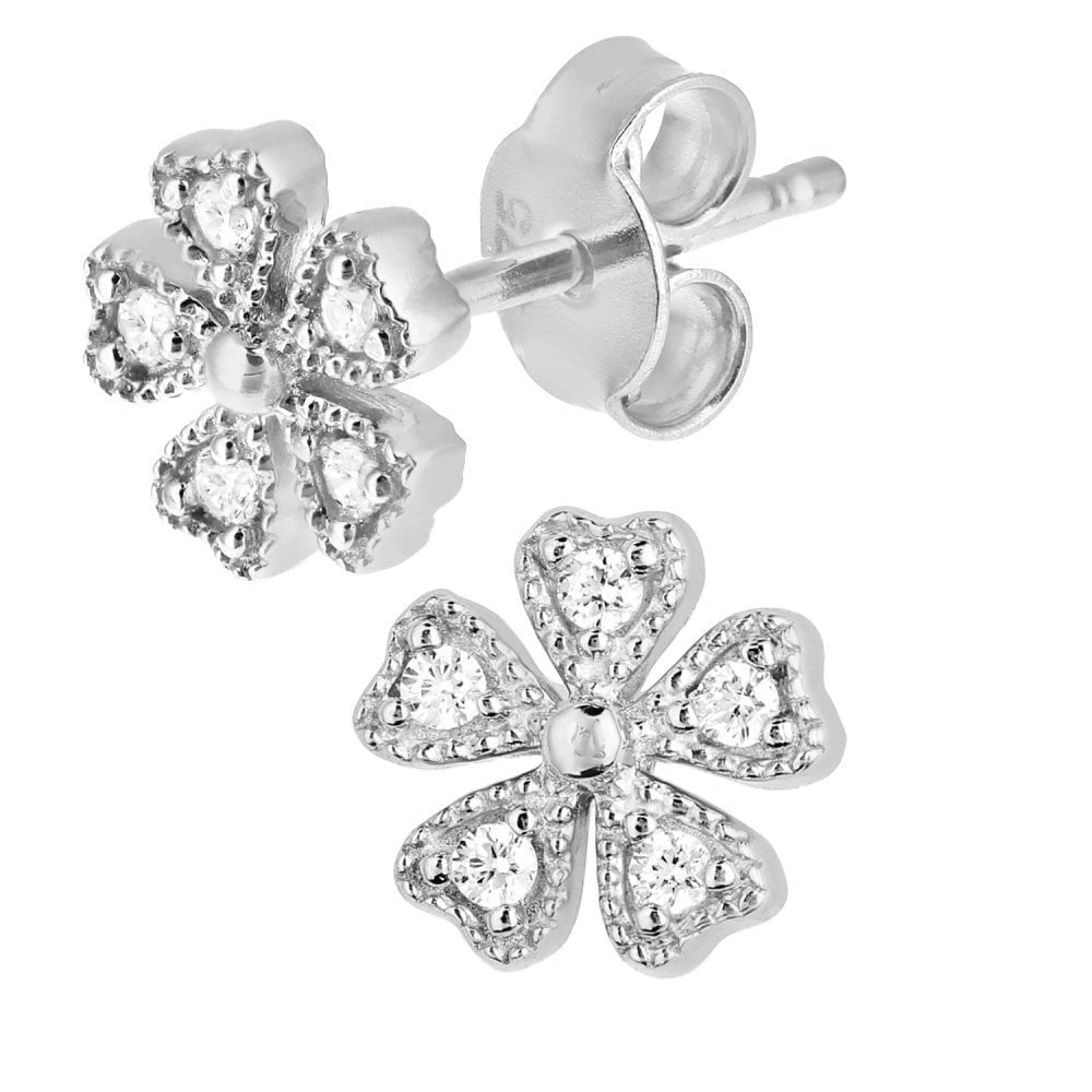 9ct White Gold Flower Stud Earrings - Samuel Perry