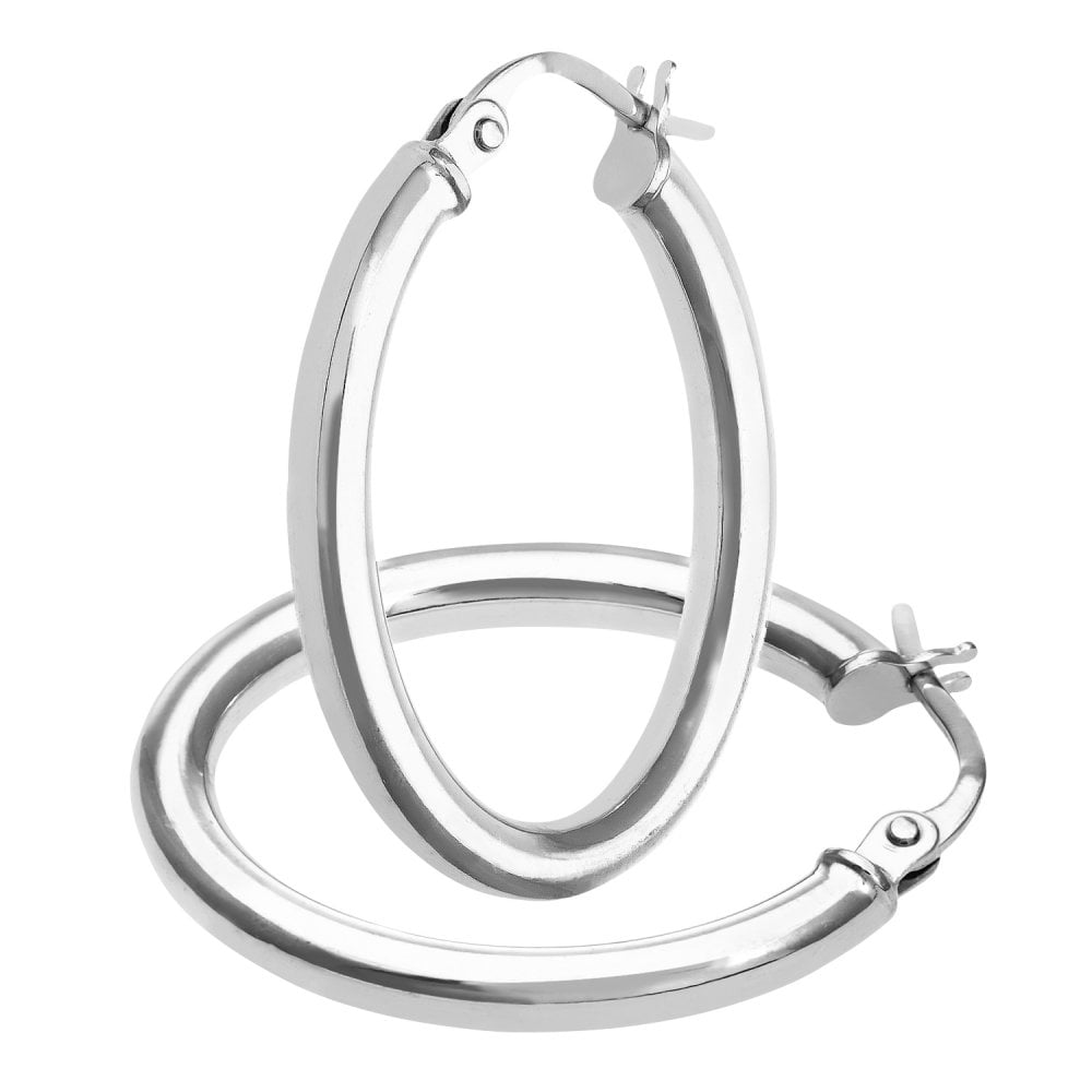 9ct White Gold Oval Hoop Earrings - Samuel Perry