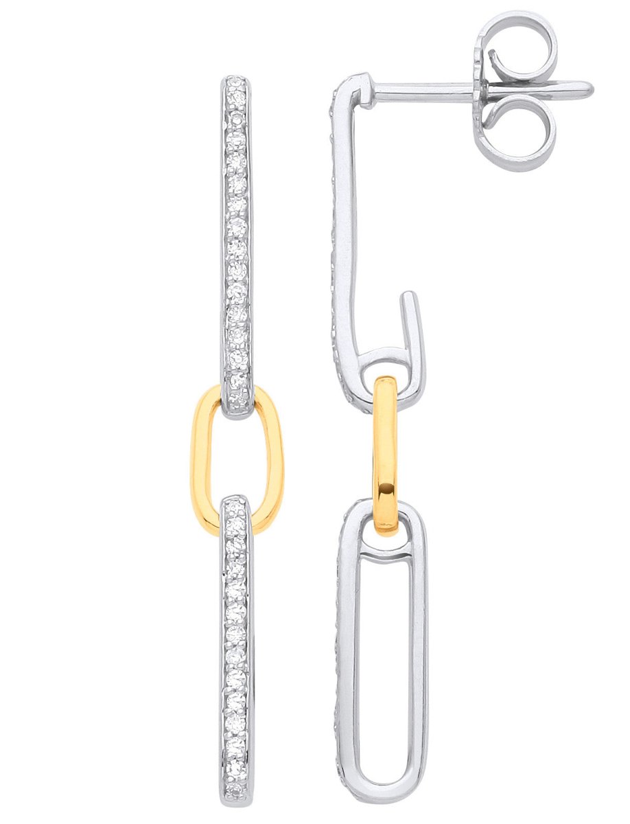 9ct White & Yellow Gold 0.18ctw Link Drop Diamond Earrings - Samuel Perry