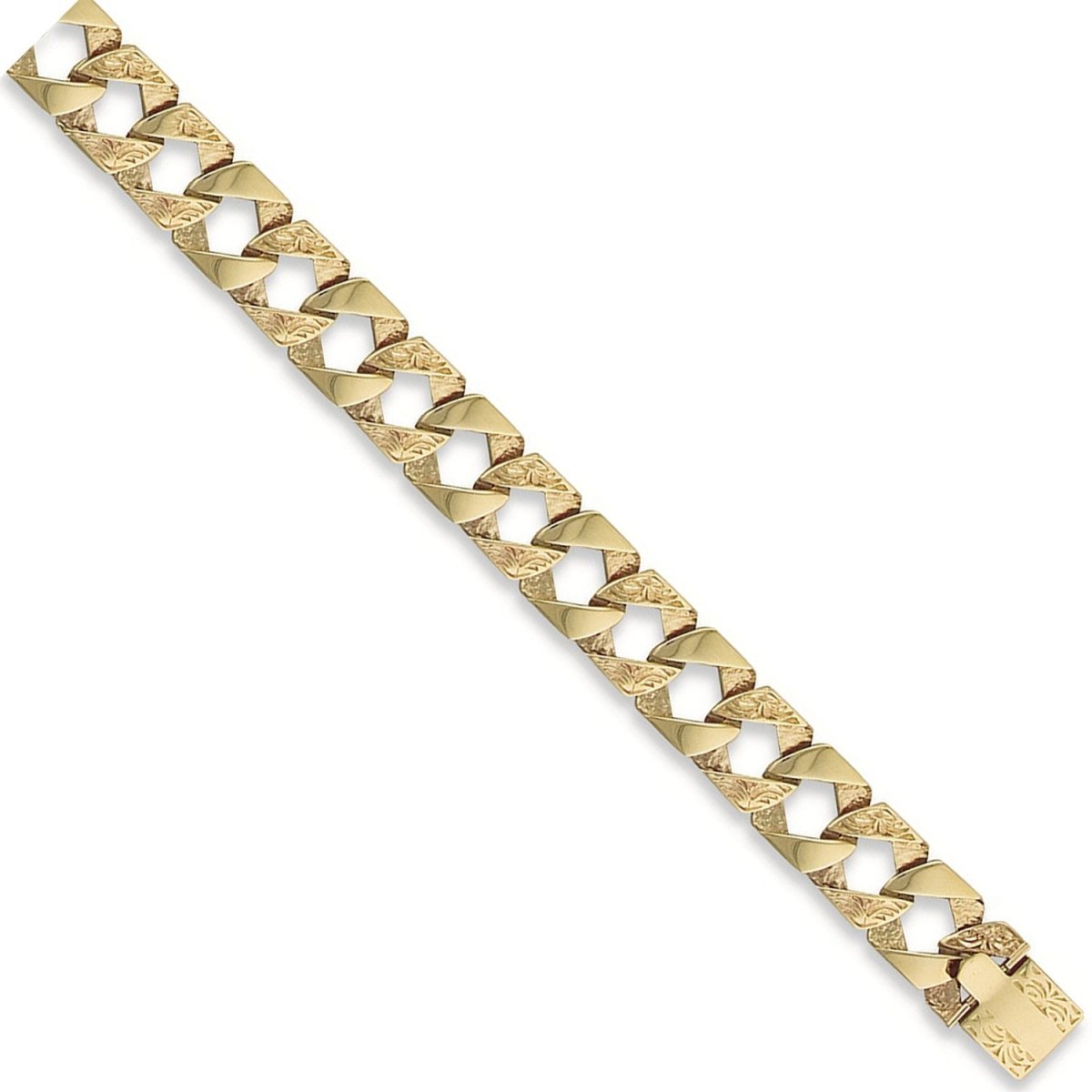 9ct Yellow Gold 15mm Plain & Patterned Casted Curb Bracelet - Samuel Perry