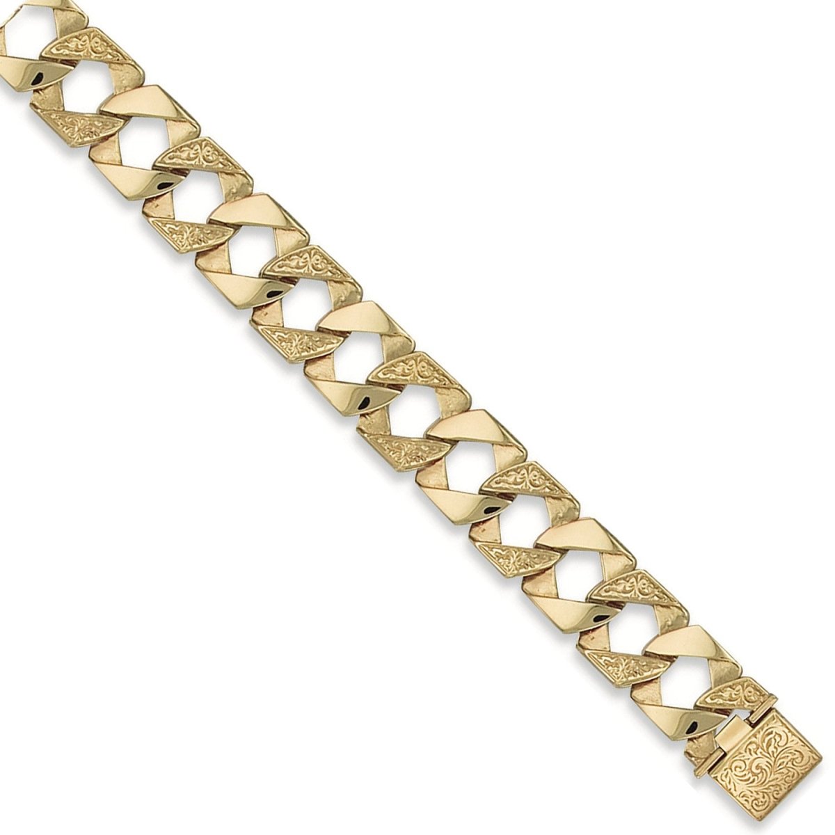 9ct Yellow Gold 17mm Plain & Patterned Casted Curb Bracelet - Samuel Perry
