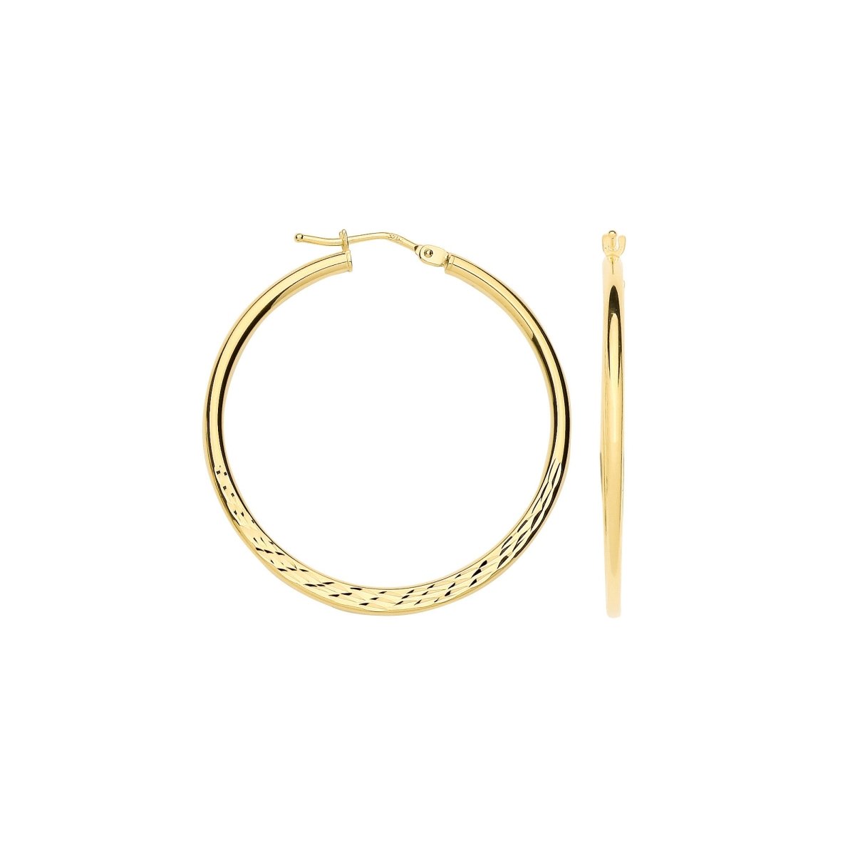 9ct Yellow Gold 30mm Half Diamond - Cut Half Plain Hoops - Samuel Perry