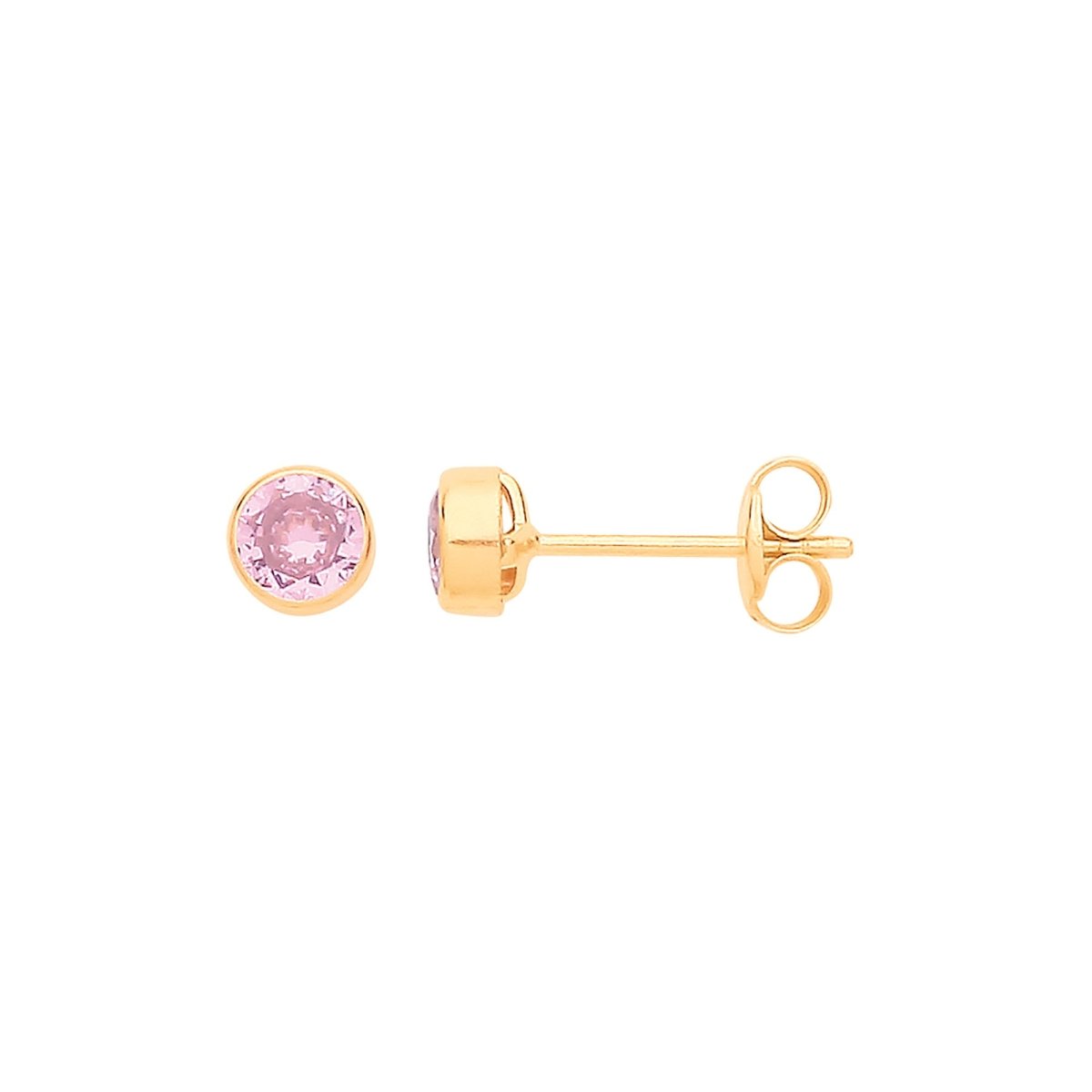 9ct Yellow Gold 4mm Rubover Set Pink CZ Stud Earrings - Samuel Perry