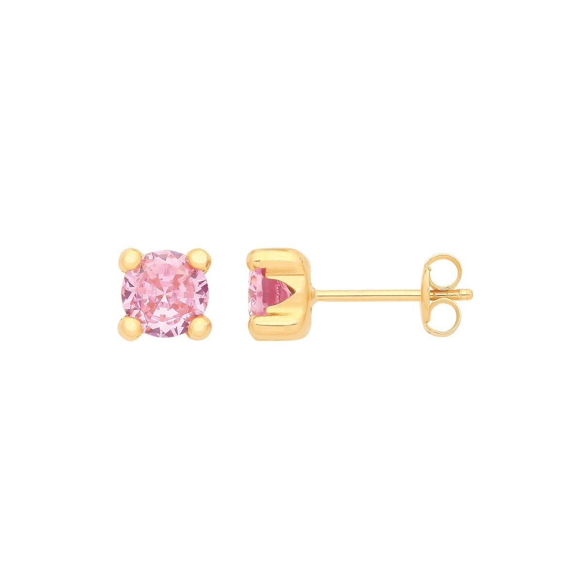 9ct Yellow Gold 5mm Round Pink CZ Stud Earrings - Samuel Perry