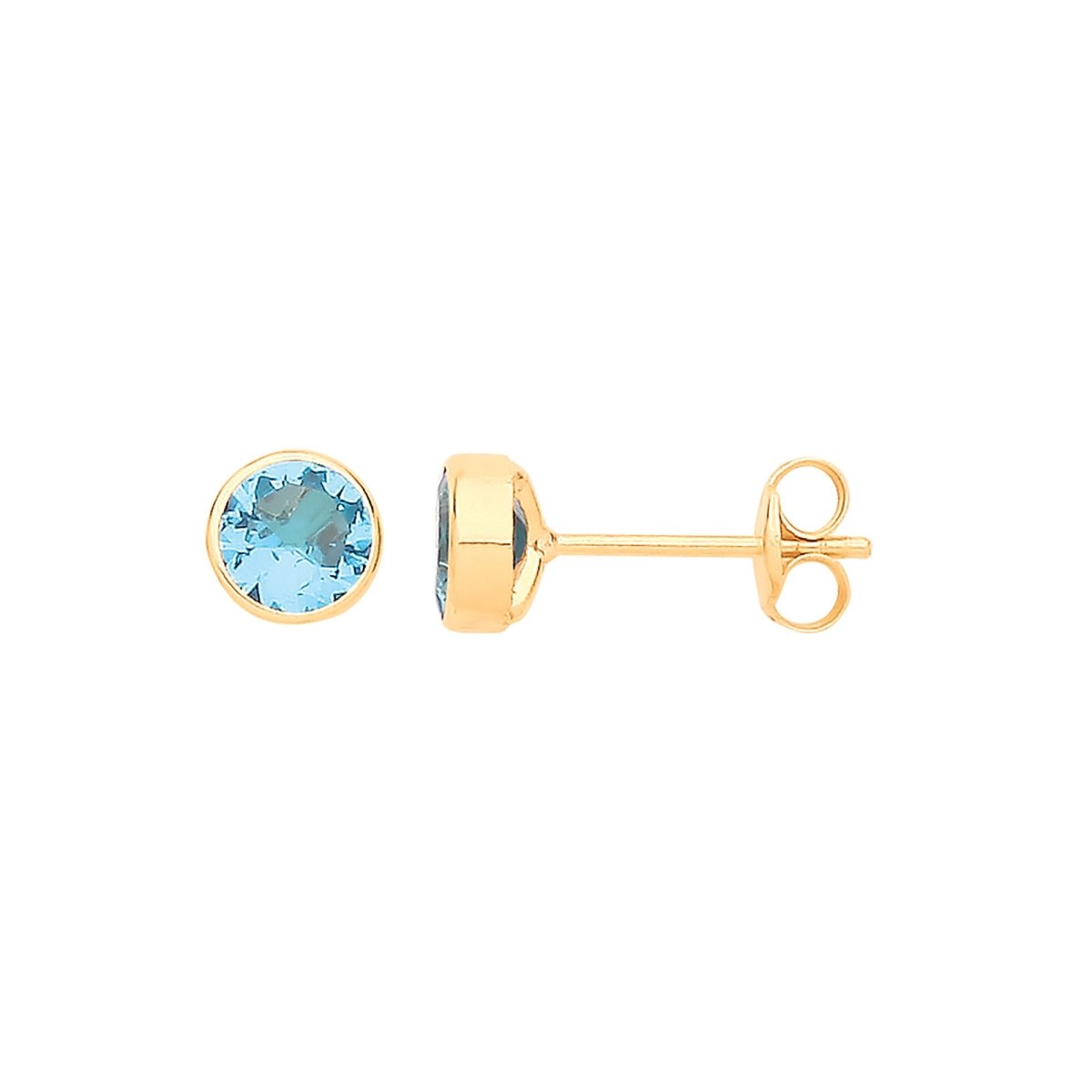 9ct Yellow Gold 5mm Rubover Set Blue CZ Stud Earrings - Samuel Perry