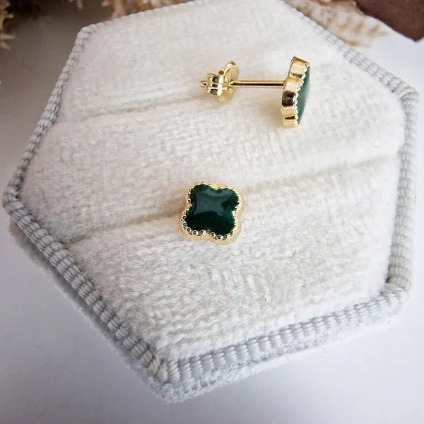 9ct Yellow Gold 6mm Green Four Leaf Clover Stud Earrings - Samuel Perry