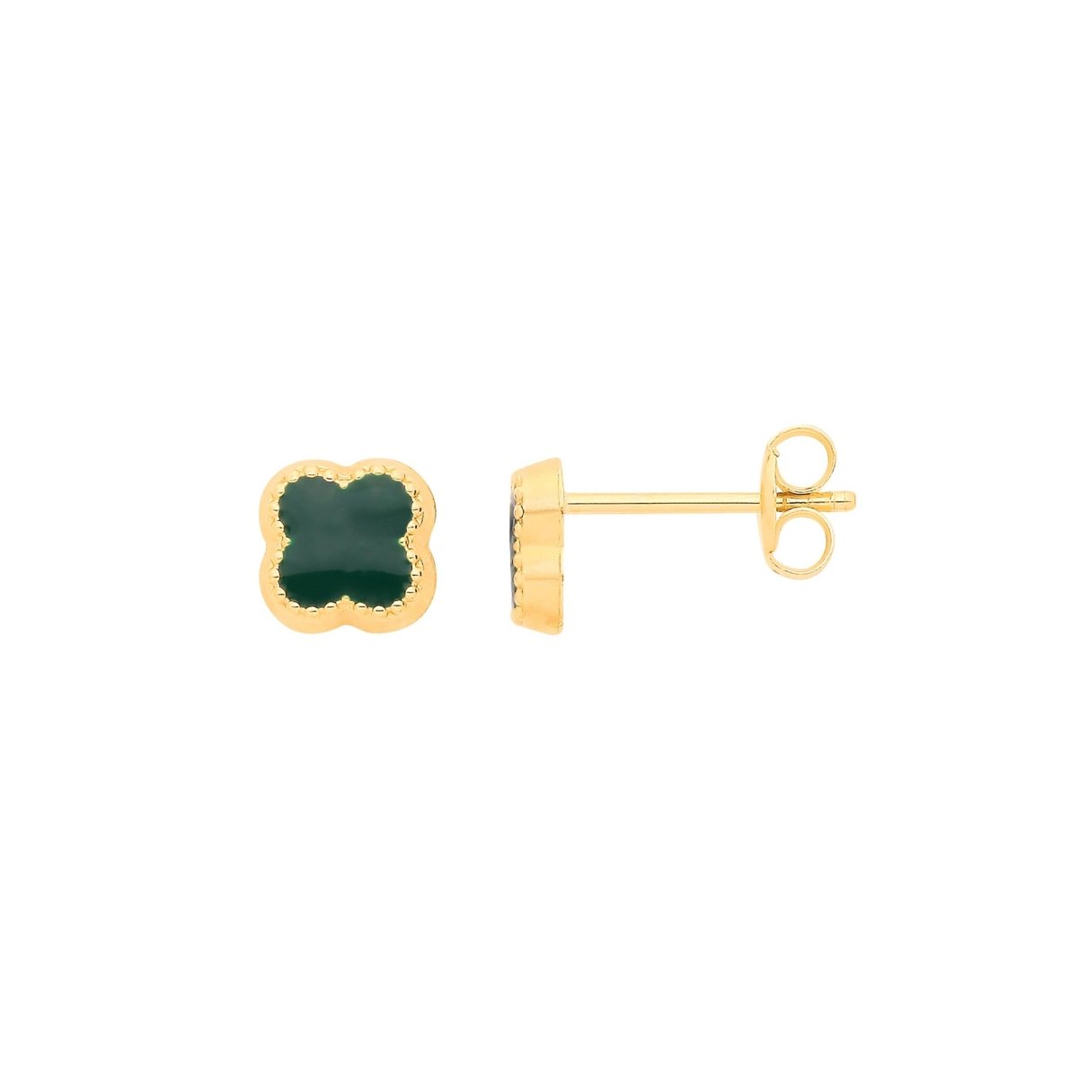 9ct Yellow Gold 6mm Green Four Leaf Clover Stud Earrings - Samuel Perry