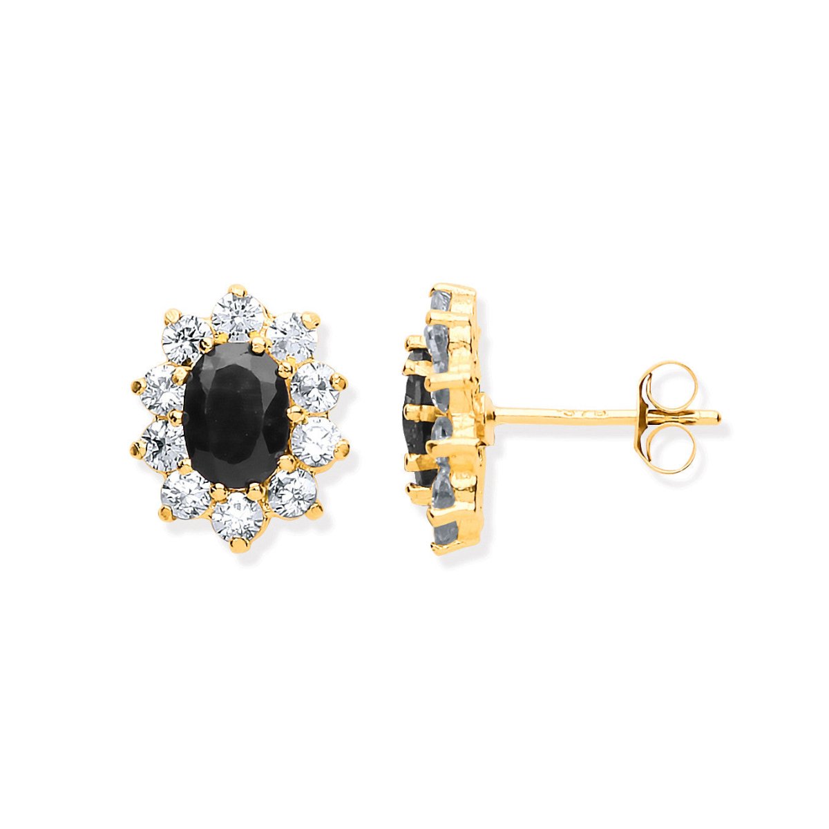 9ct Yellow Gold Black Sapphire and CZ Cluster Stud Earrings - Samuel Perry
