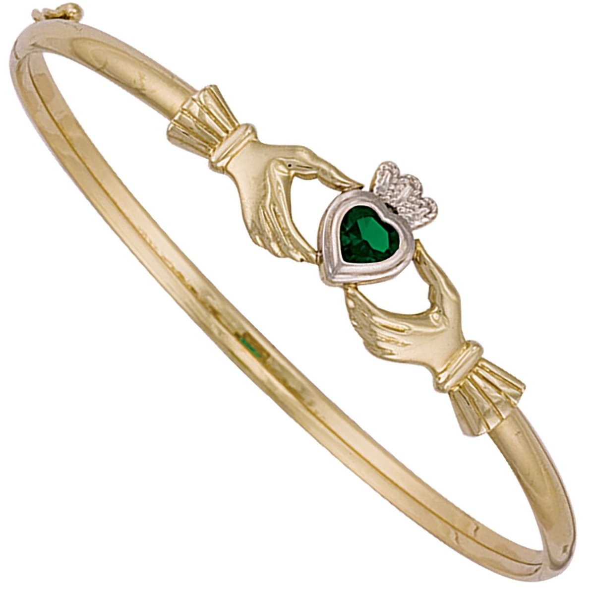 9ct Yellow Gold Claddagh Bangle with Green Stone – Symbolic & Elegant - Samuel Perry