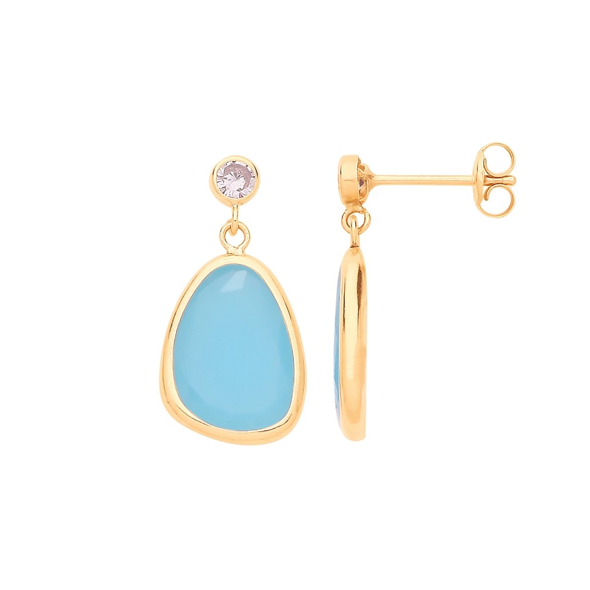 9ct Yellow Gold CZ and Blue Glass Drop Stud Earrings - Samuel Perry