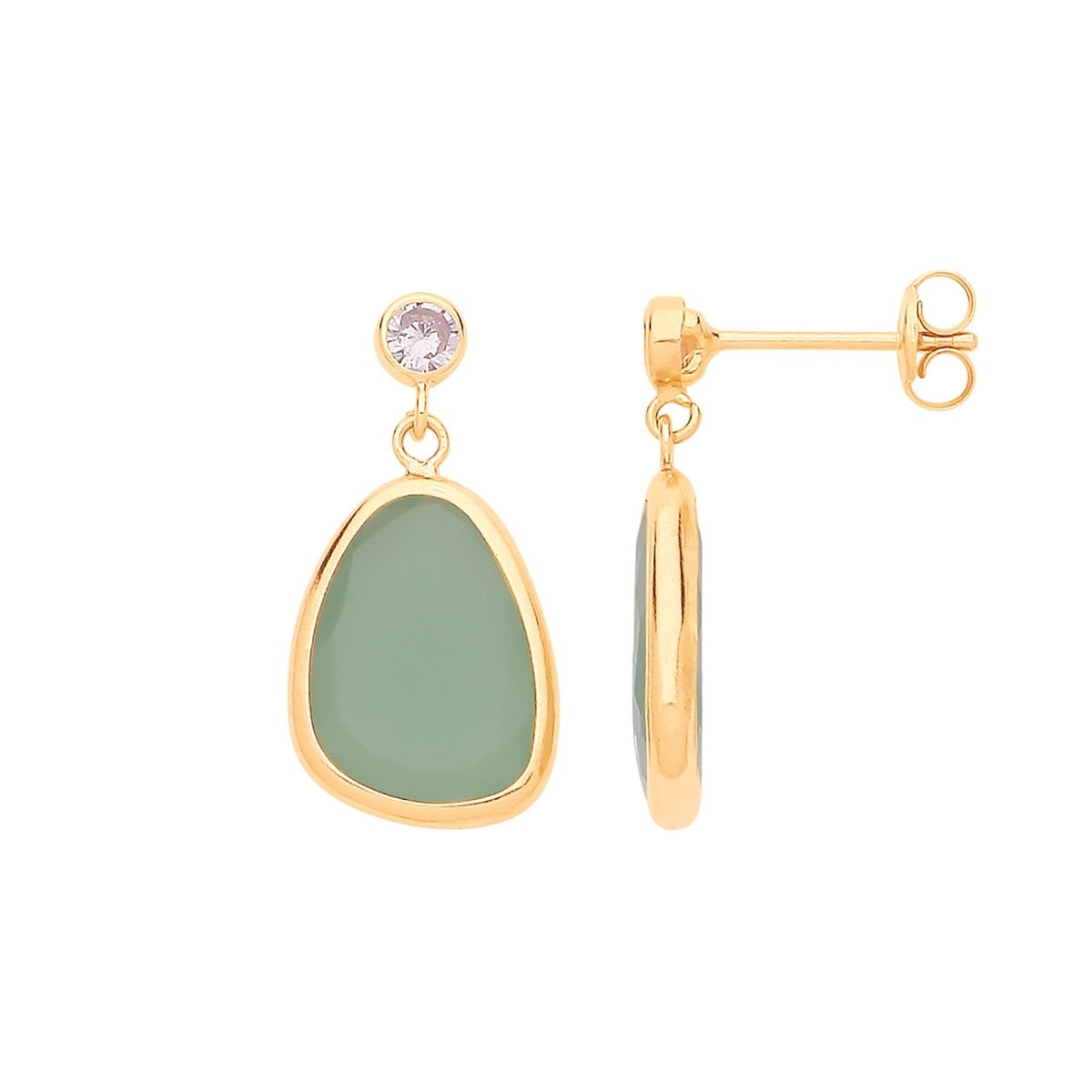 9ct Yellow Gold CZ and Green Glass Drop Stud Earrings - Samuel Perry