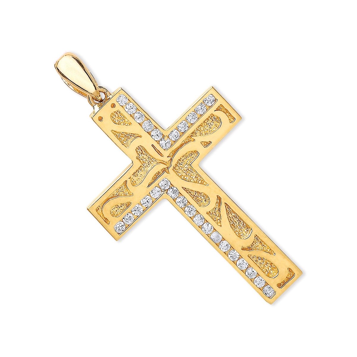 9ct Yellow Gold CZ Cross with Intricate Design – Elegant & Radiant - Samuel Perry