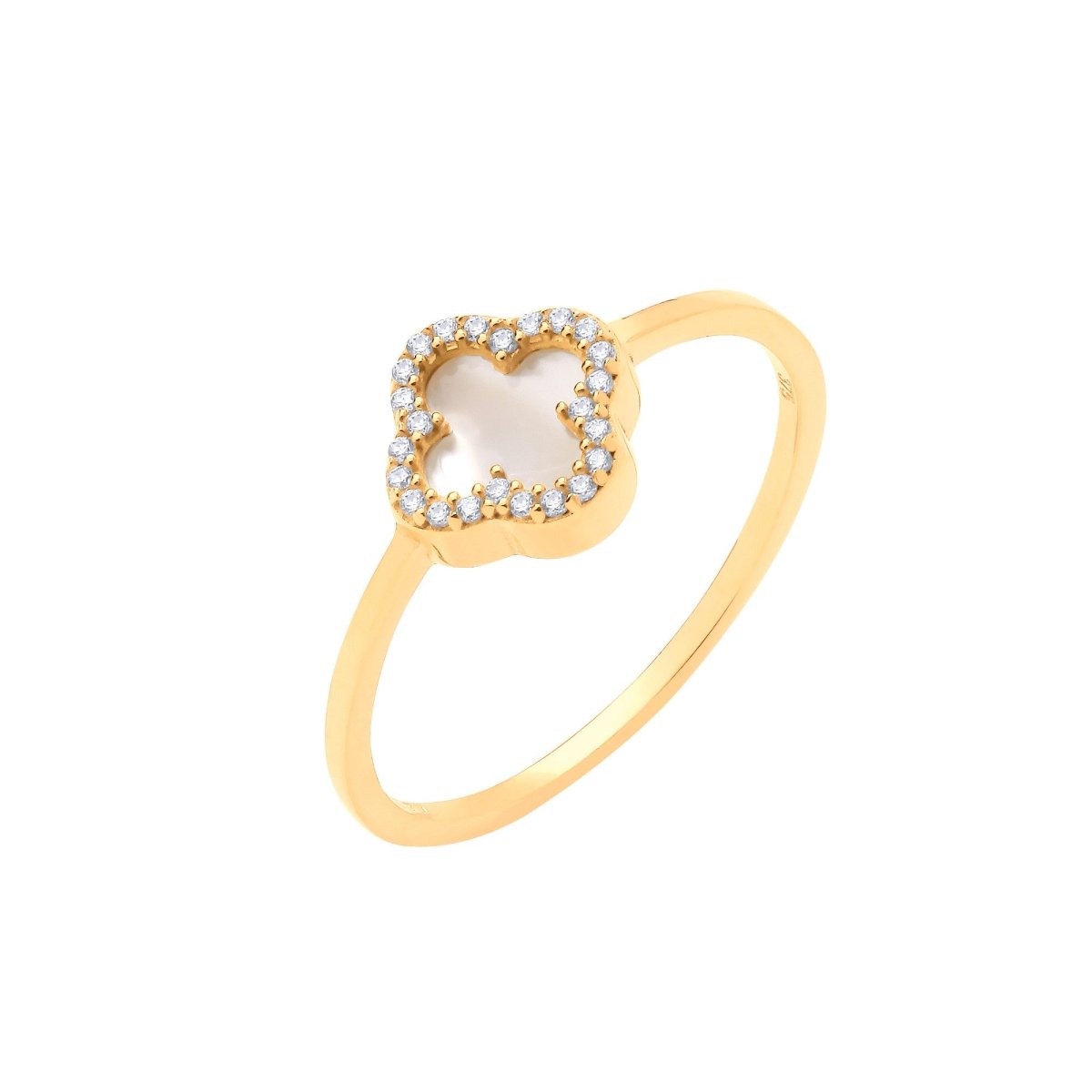 9ct Yellow Gold CZ & Mother of Pearl Four Leaf Clover Ring - Samuel Perry