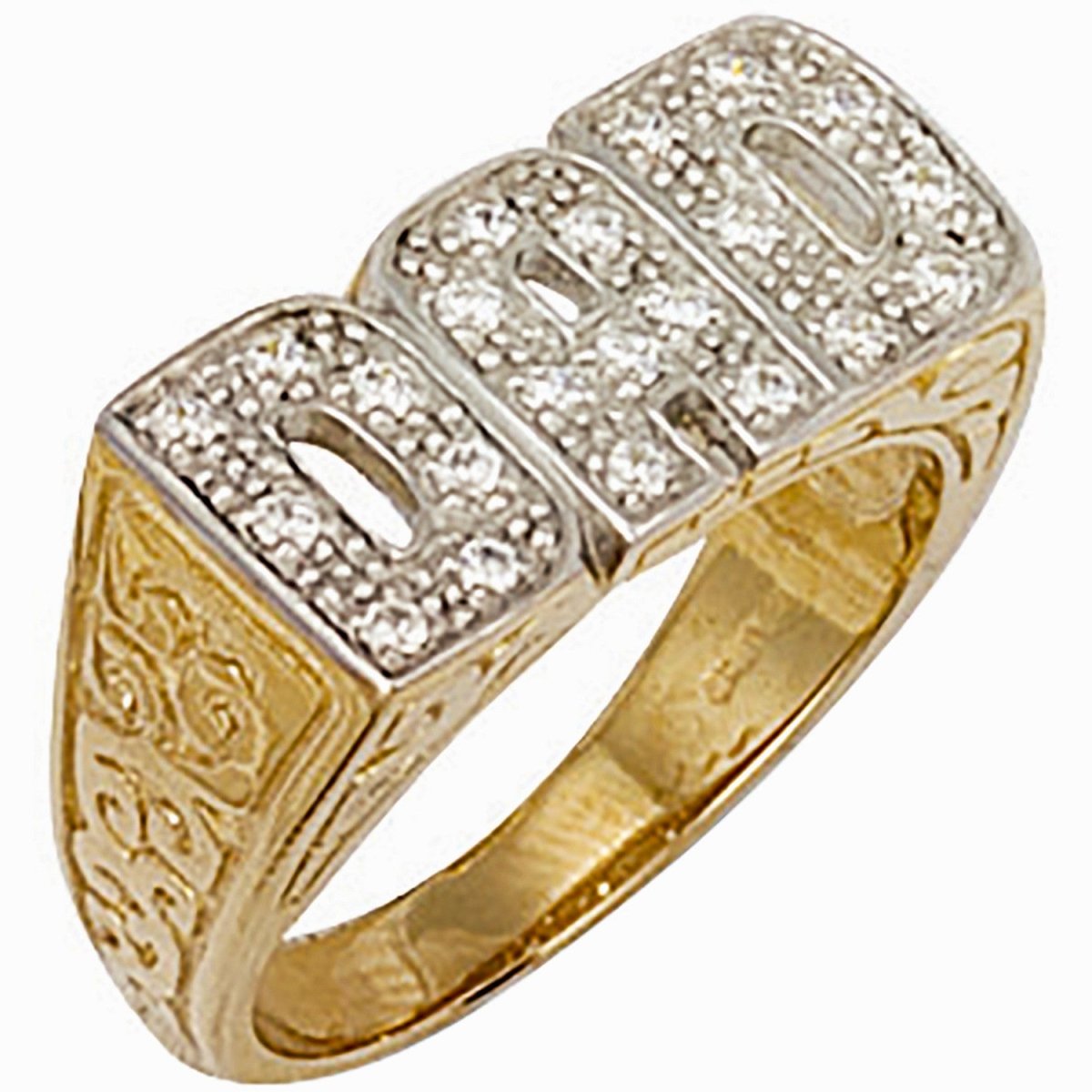 9ct Yellow Gold Dad Ring – Elegant Cz Patterned Sides - Samuel Perry