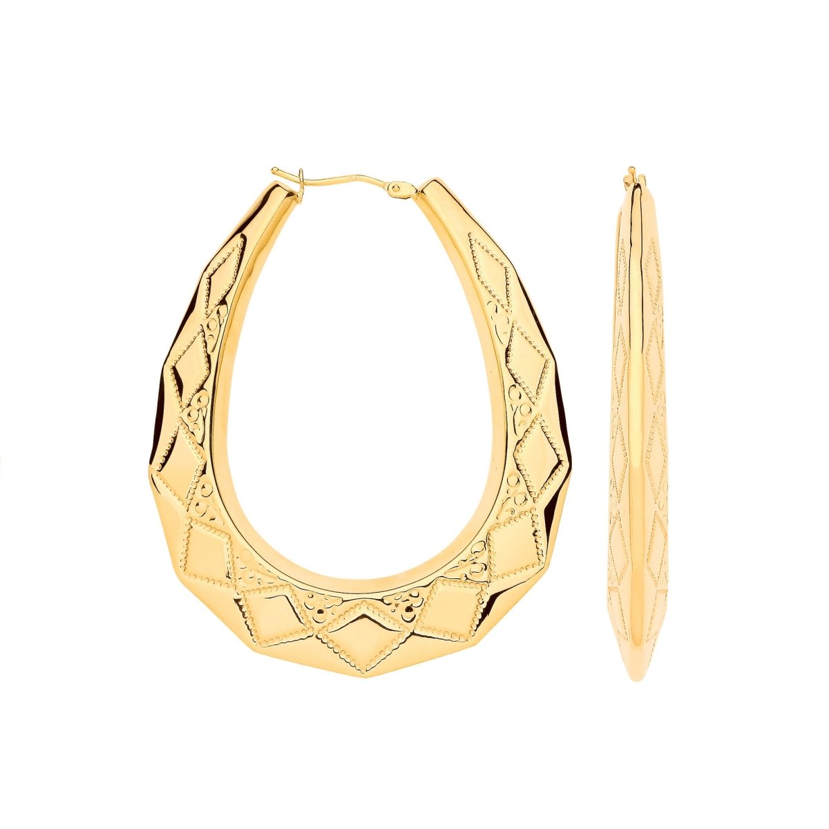 9ct Yellow Gold D/C Oval Large Creole Earrings - Samuel Perry