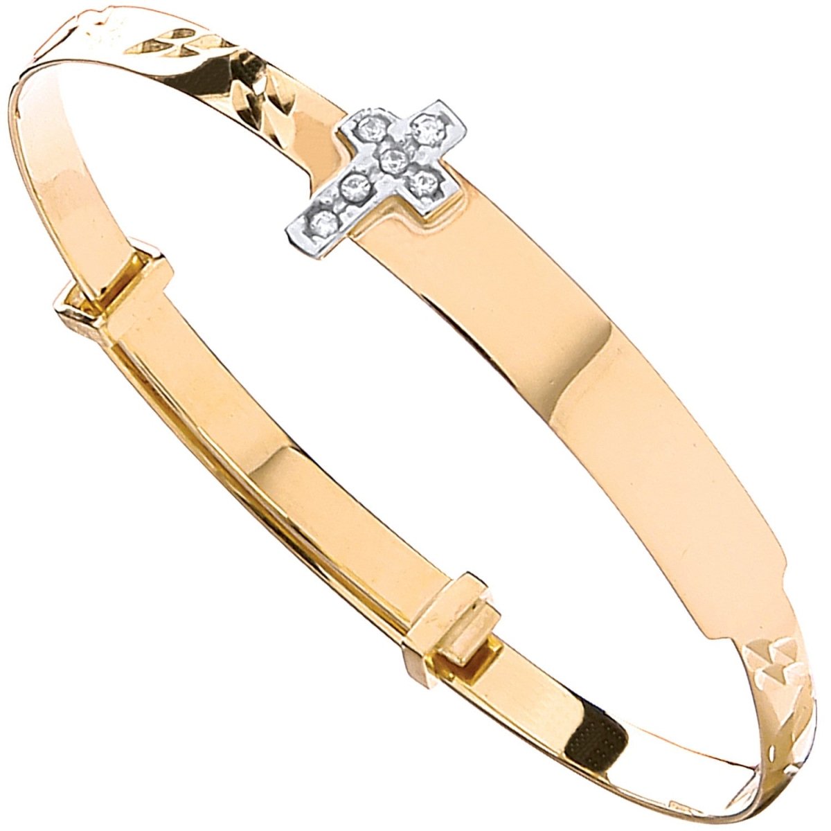 9ct Yellow Gold Diamond - Cut Expandable Baby Bangle with CZ Cross - Samuel Perry