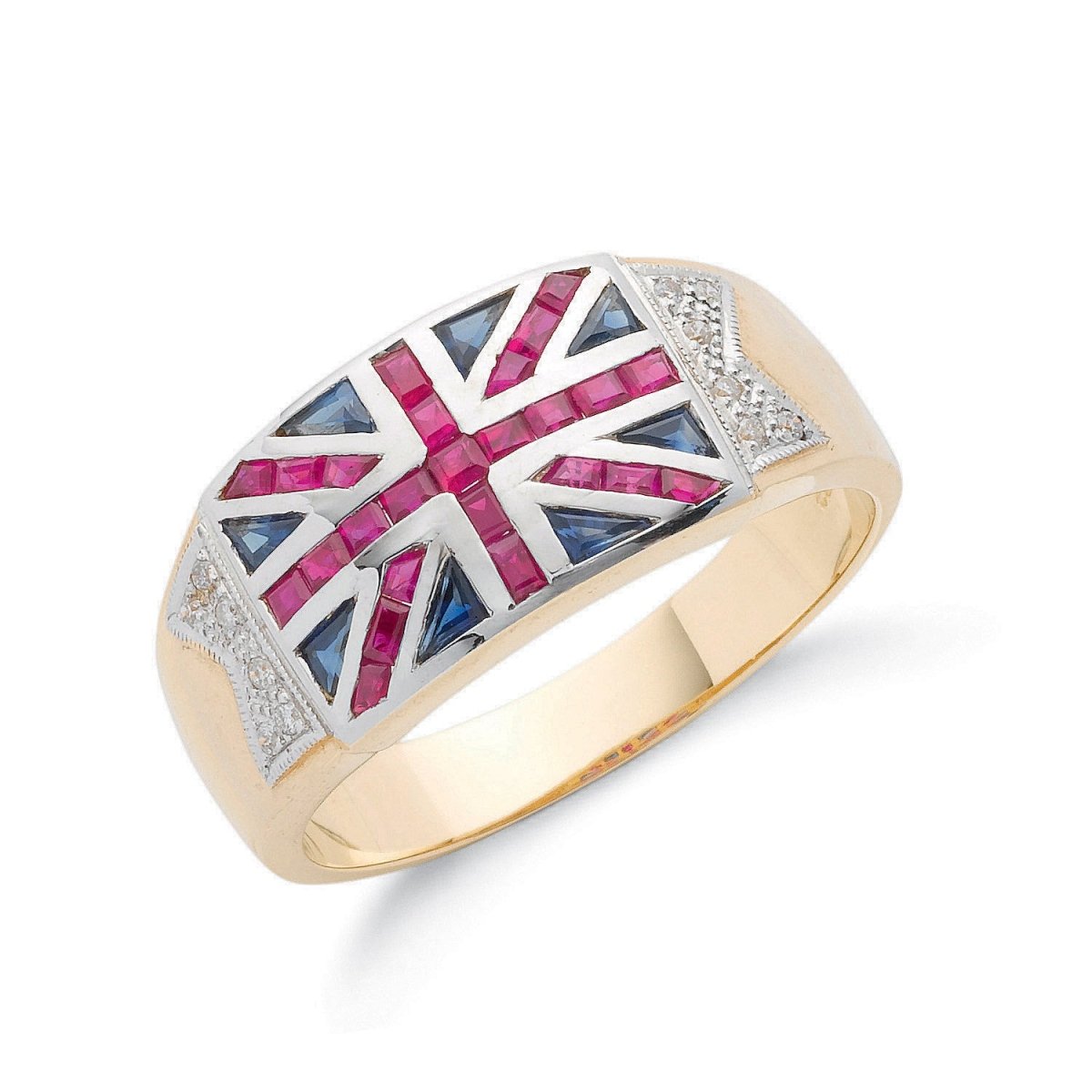 9ct Yellow Gold Diamond, Ruby & Sapphire Union Jack Ring - Samuel Perry