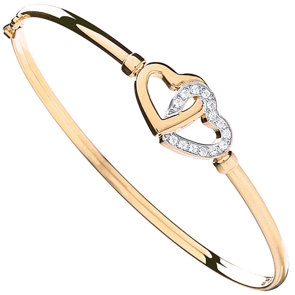9ct Yellow Gold Double CZ Heart Bangle – Romantic & Elegant - Samuel Perry