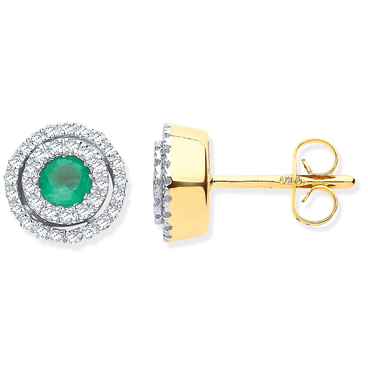 9ct Yellow Gold Double Halo Diamond & Emerald Stud Earrings - Samuel Perry