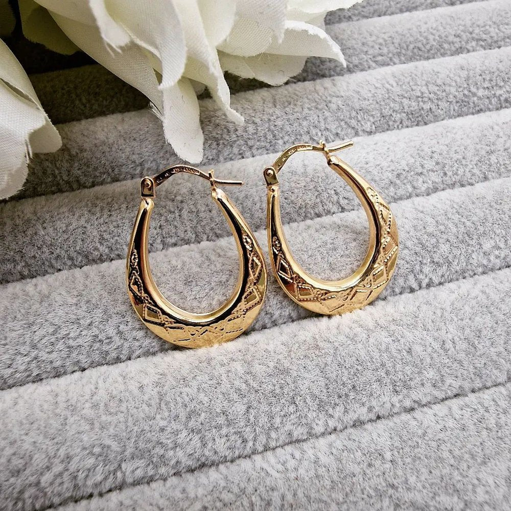 9ct Yellow Gold Fancy Oval Creole Earrings - Samuel Perry