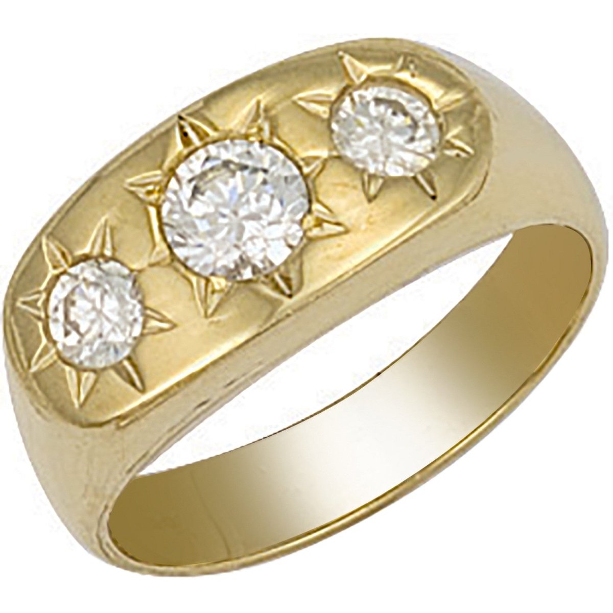 9ct Yellow Gold Gents 3 Stone CZ Ring – Refined Brilliance - Samuel Perry