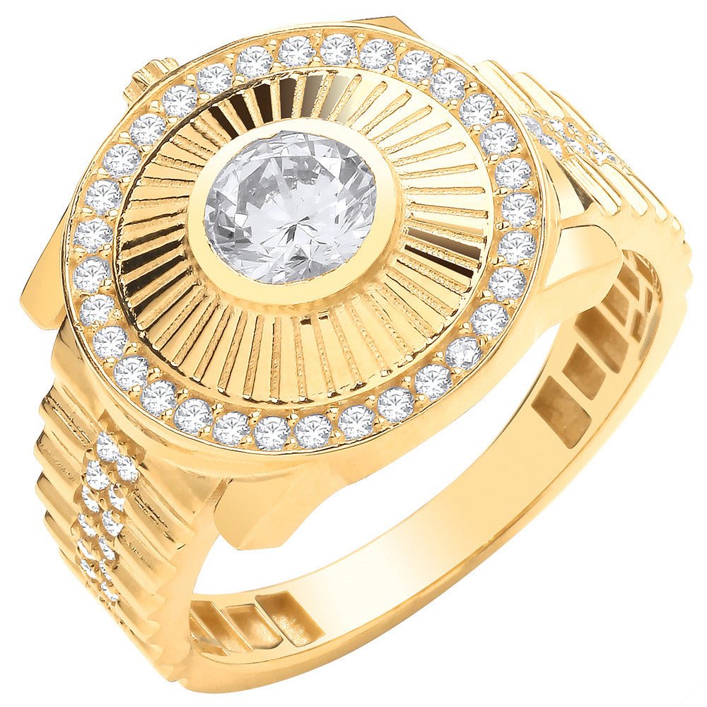 9ct Yellow Gold Gents Round CZ Ring - Samuel Perry