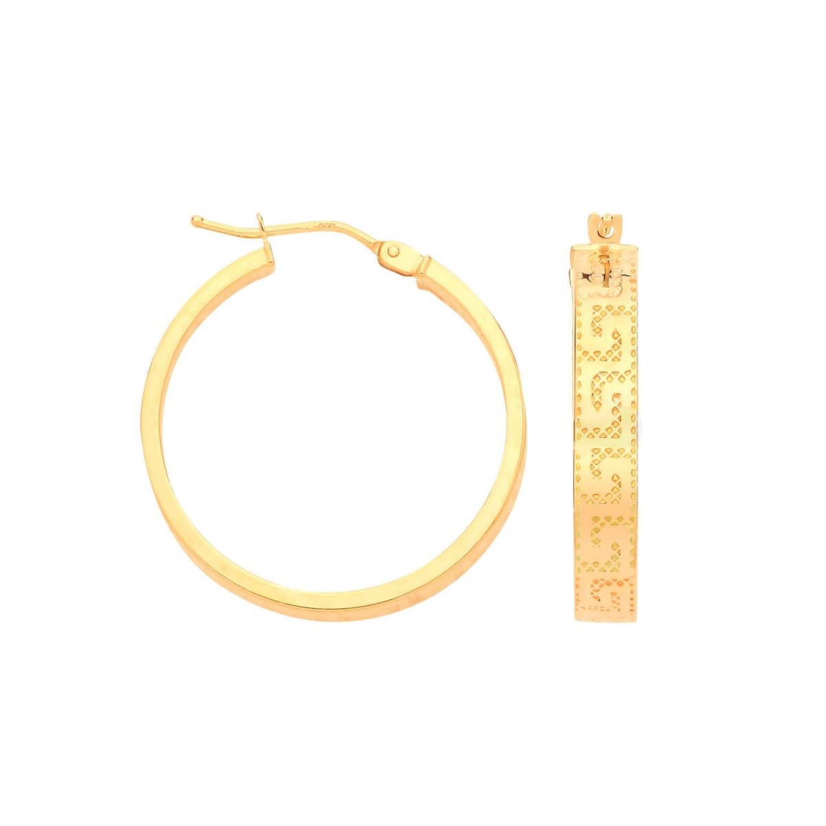 9ct Yellow Gold Greek Key 23mm Hoop Earrings - Samuel Perry