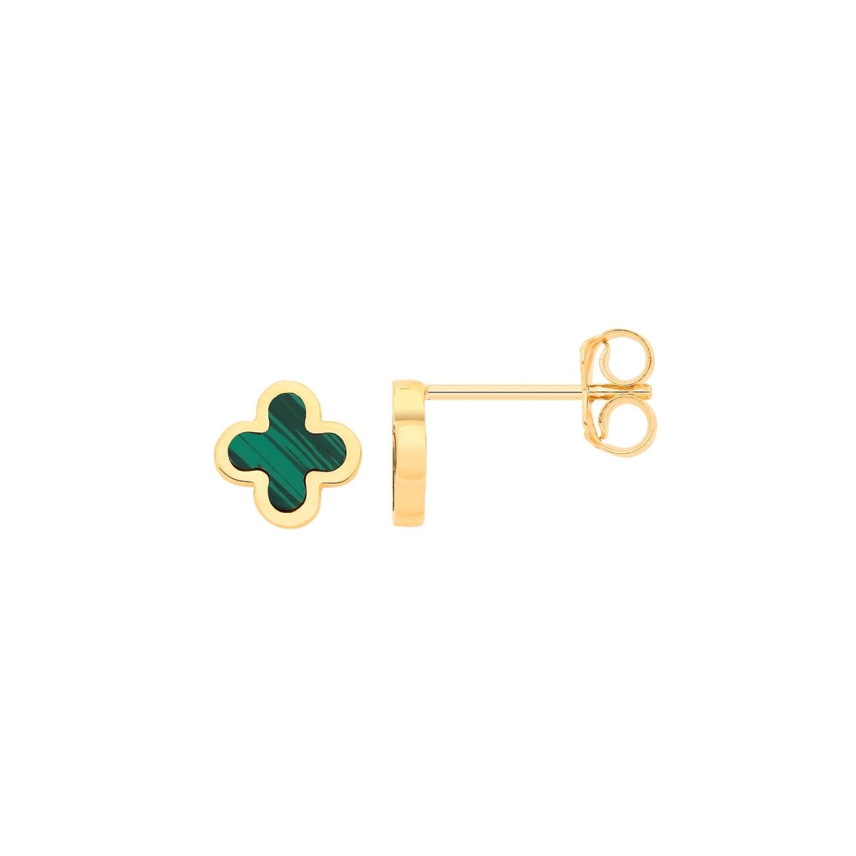 9ct Yellow Gold Green Malachite Four Leaf Clover Studs - Samuel Perry