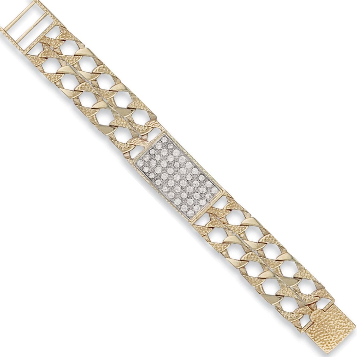 9ct Yellow Gold Plain & Bark Casted Curb Baby CZ ID Bracelet - Samuel Perry